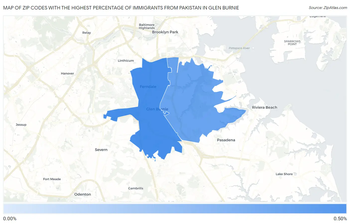 Zip Codes with the Highest Percentage of Immigrants from Pakistan in Glen Burnie Map