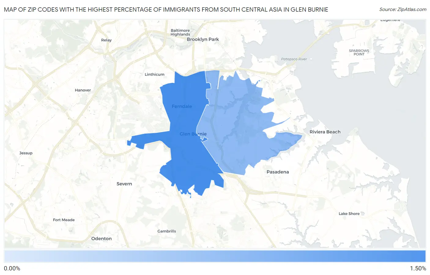 Zip Codes with the Highest Percentage of Immigrants from South Central Asia in Glen Burnie Map
