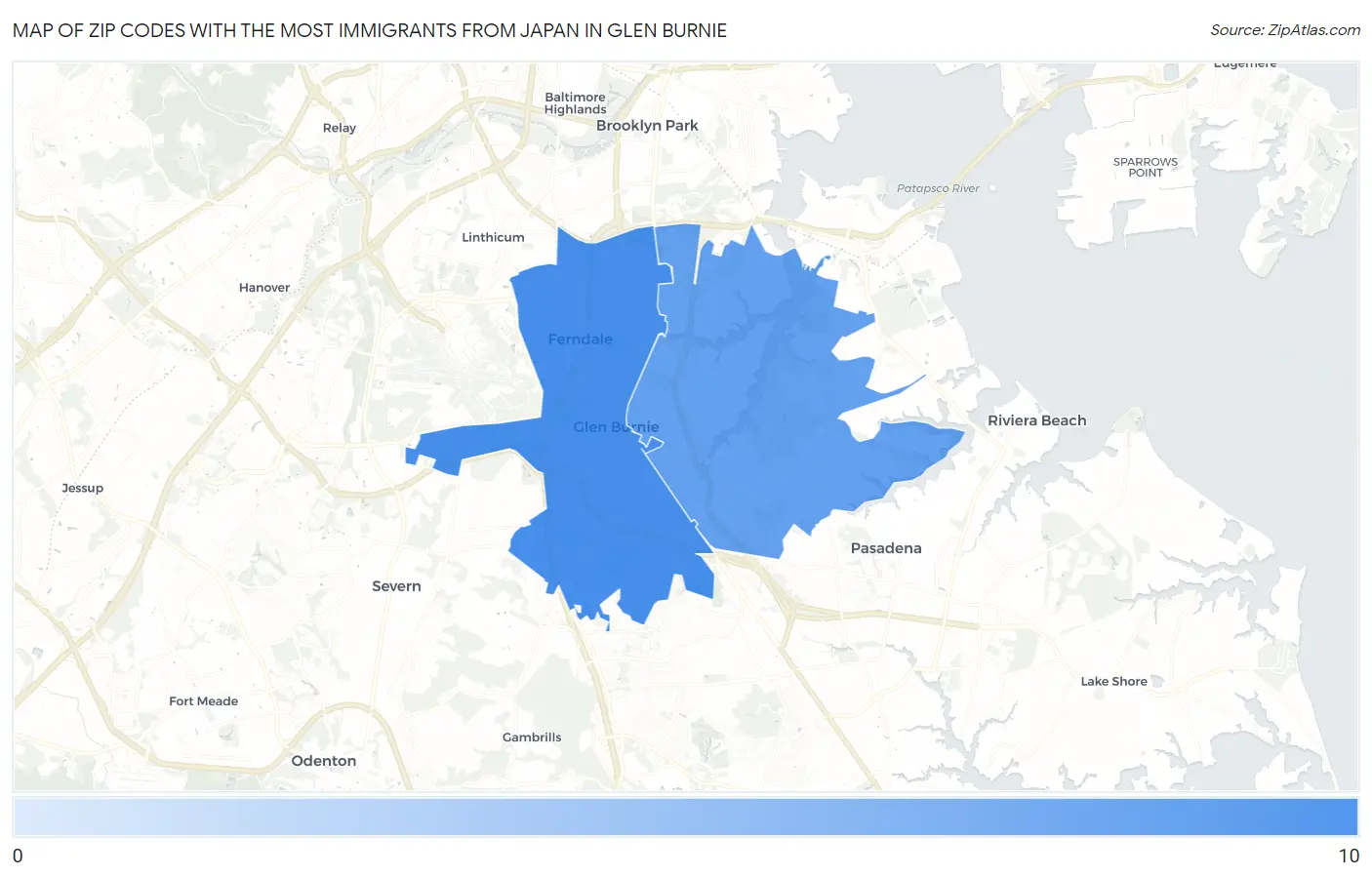 Zip Codes with the Most Immigrants from Japan in Glen Burnie Map