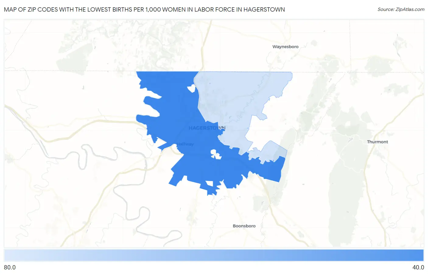 Zip Codes with the Lowest Births per 1,000 Women in Labor Force in Hagerstown Map