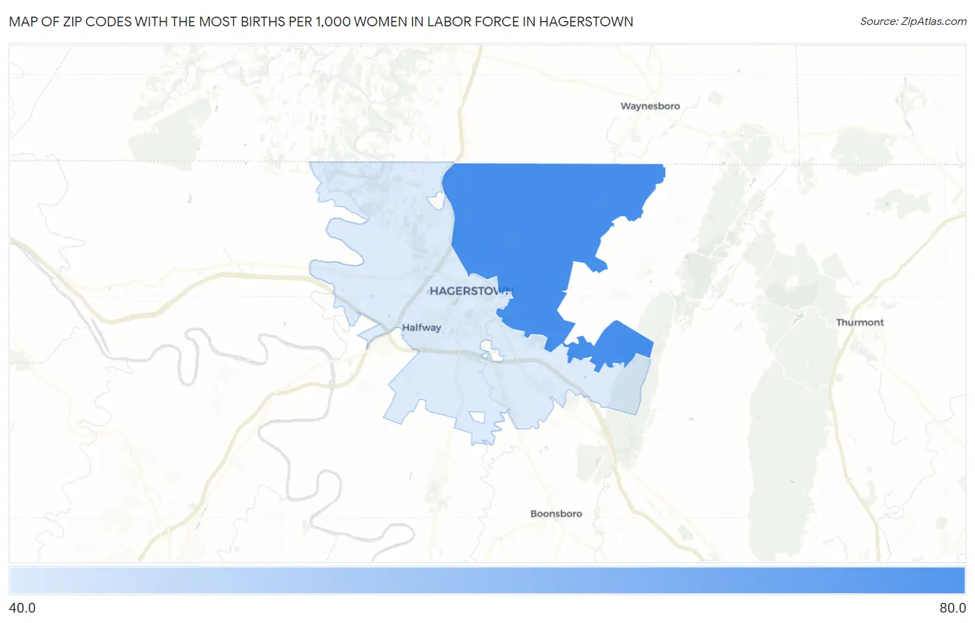 Zip Codes with the Most Births per 1,000 Women in Labor Force in Hagerstown Map