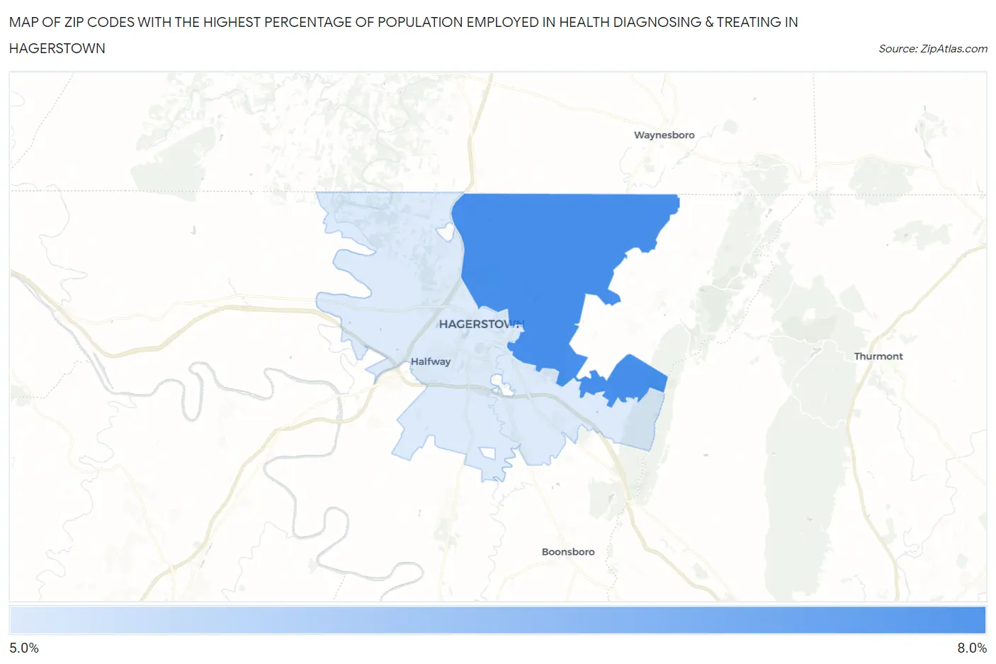 Zip Codes with the Highest Percentage of Population Employed in Health Diagnosing & Treating in Hagerstown Map