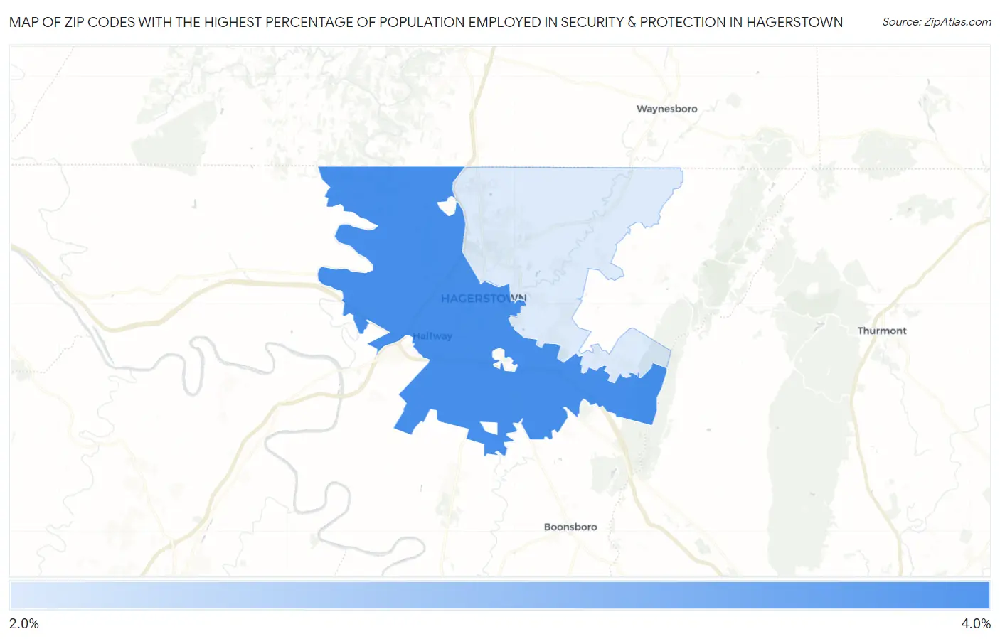 Zip Codes with the Highest Percentage of Population Employed in Security & Protection in Hagerstown Map
