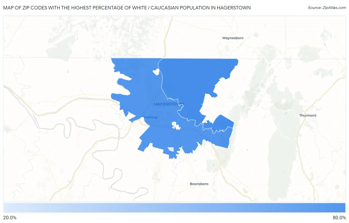 Zip Codes with the Highest Percentage of White / Caucasian Population in Hagerstown Map