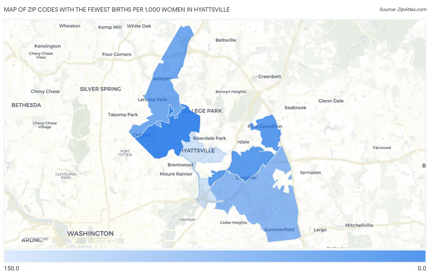 Zip Codes with the Fewest Births per 1,000 Women in Hyattsville Map