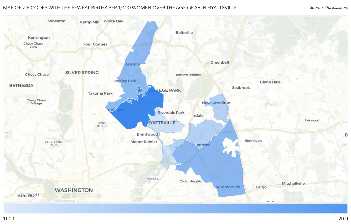 Zip Codes with the Fewest Births per 1,000 Women Over the Age of 35 in Hyattsville Map