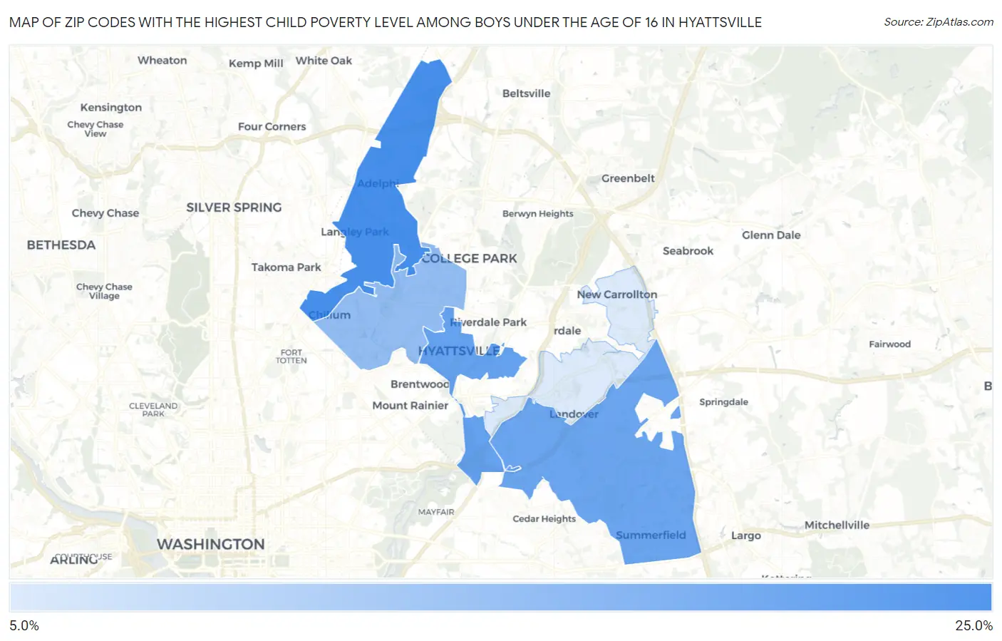 Zip Codes with the Highest Child Poverty Level Among Boys Under the Age of 16 in Hyattsville Map