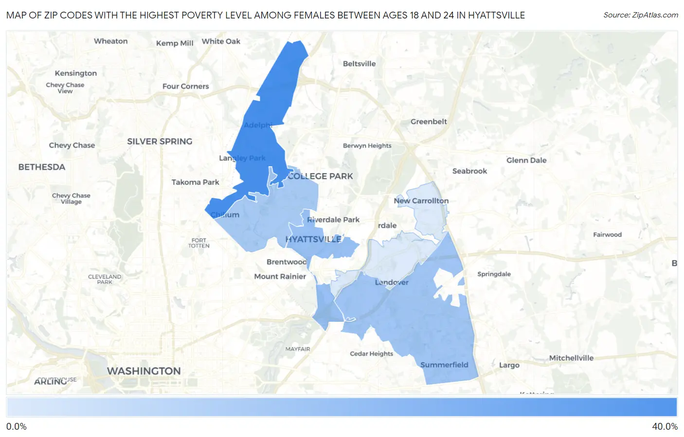 Zip Codes with the Highest Poverty Level Among Females Between Ages 18 and 24 in Hyattsville Map