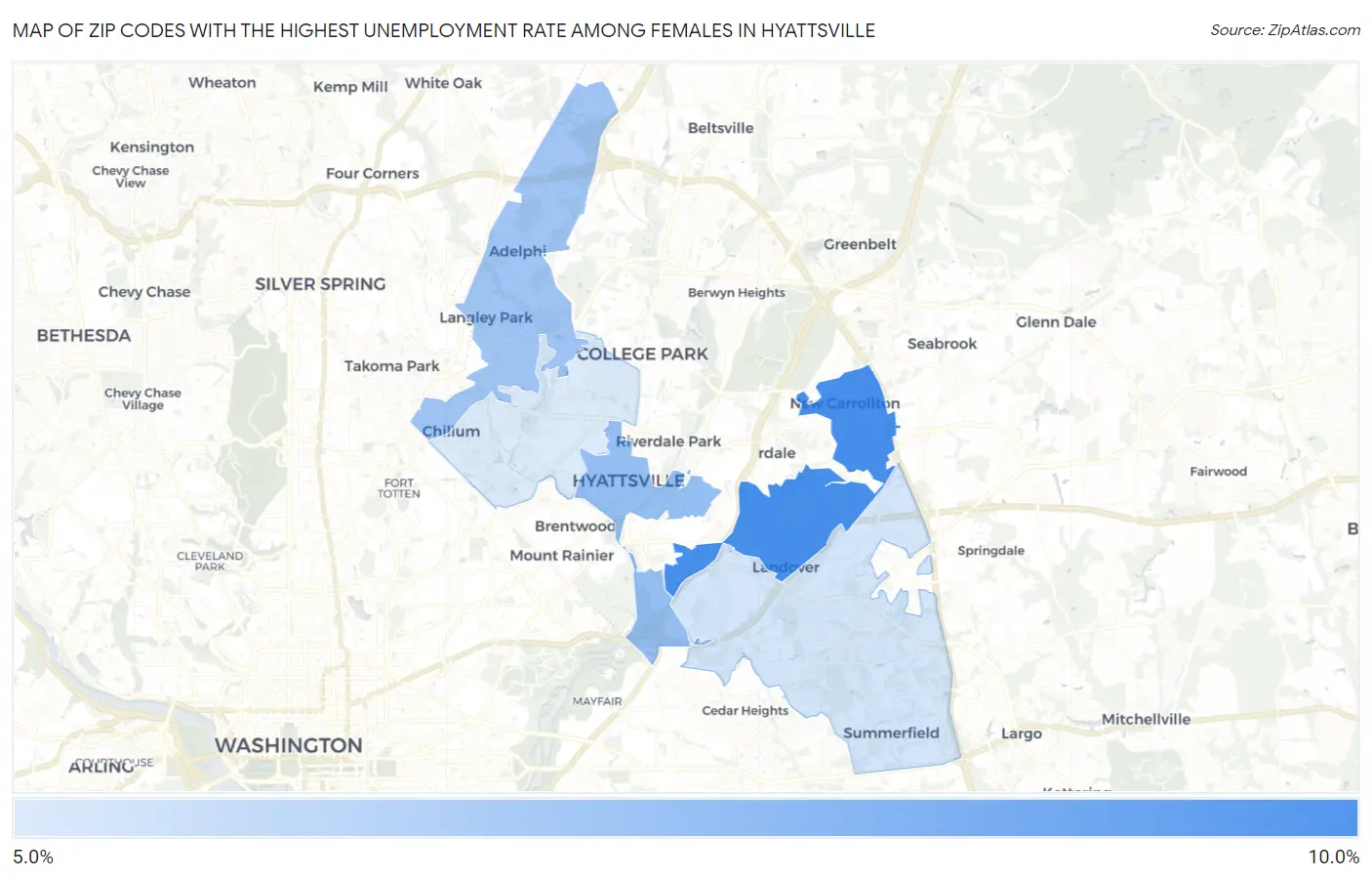Zip Codes with the Highest Unemployment Rate Among Females in Hyattsville Map