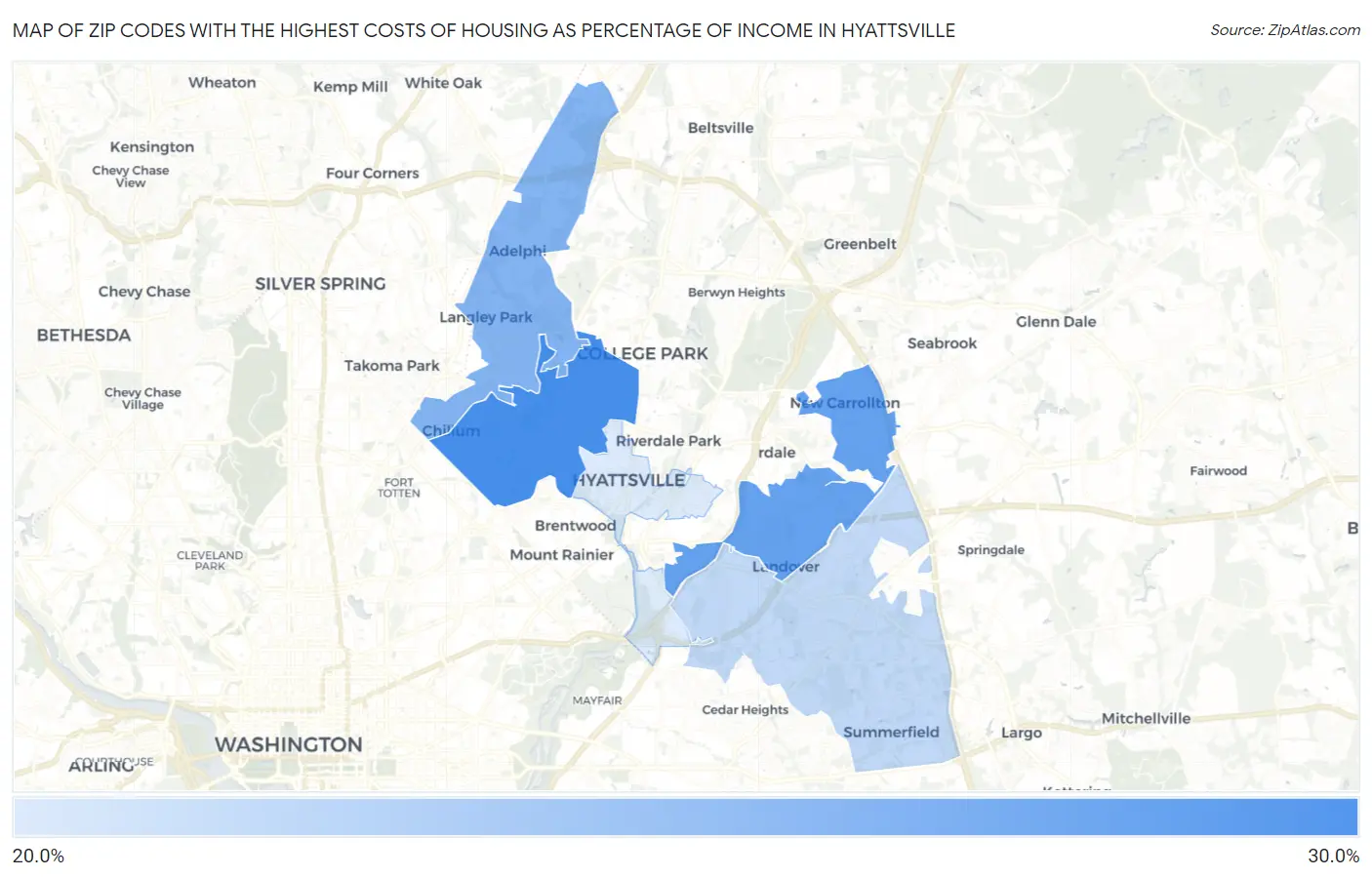 Zip Codes with the Highest Costs of Housing as Percentage of Income in Hyattsville Map