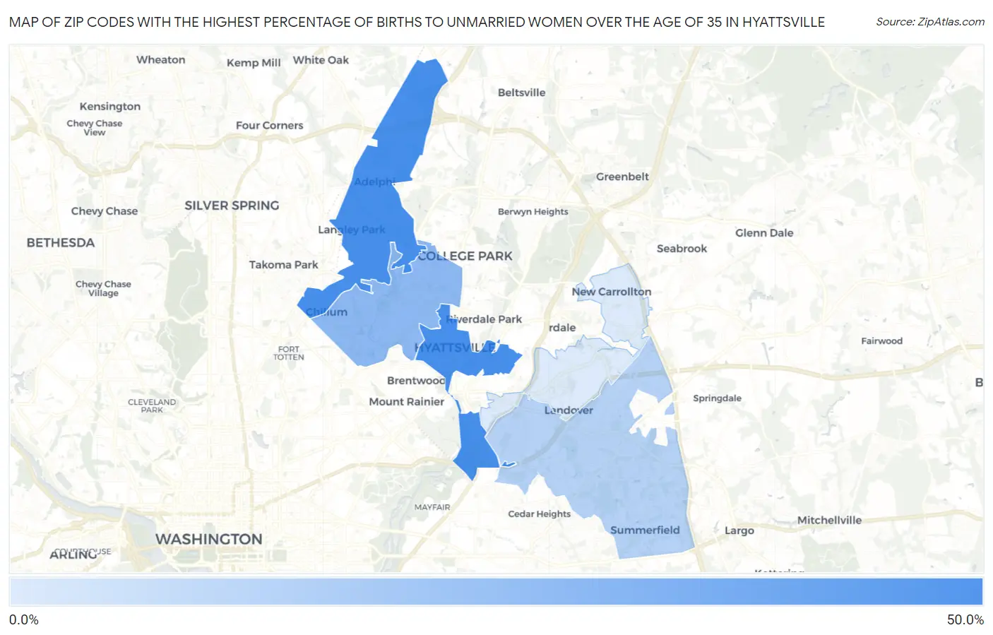 Zip Codes with the Highest Percentage of Births to Unmarried Women over the Age of 35 in Hyattsville Map