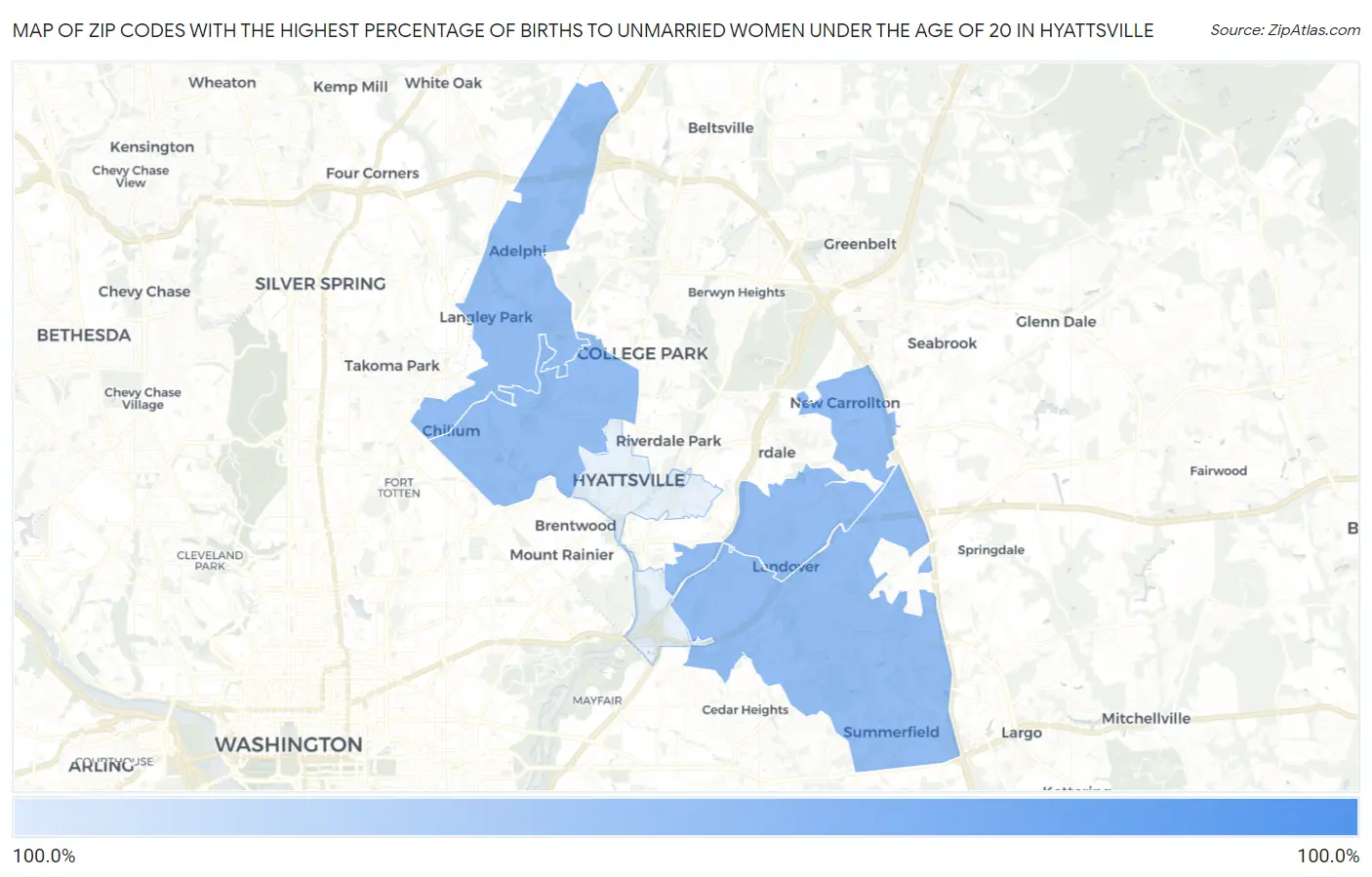 Zip Codes with the Highest Percentage of Births to Unmarried Women under the Age of 20 in Hyattsville Map
