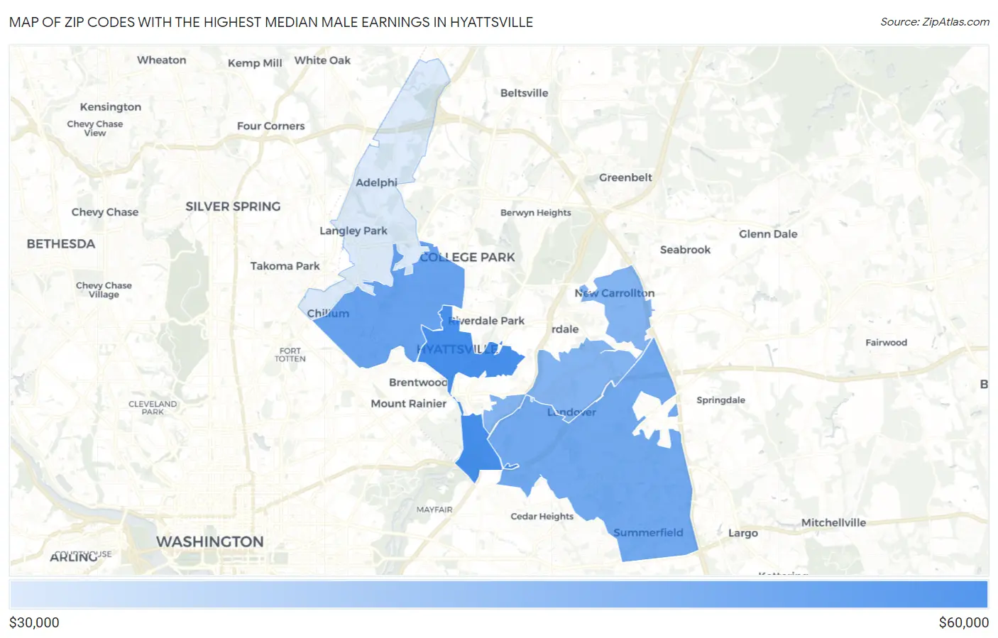 Zip Codes with the Highest Median Male Earnings in Hyattsville Map