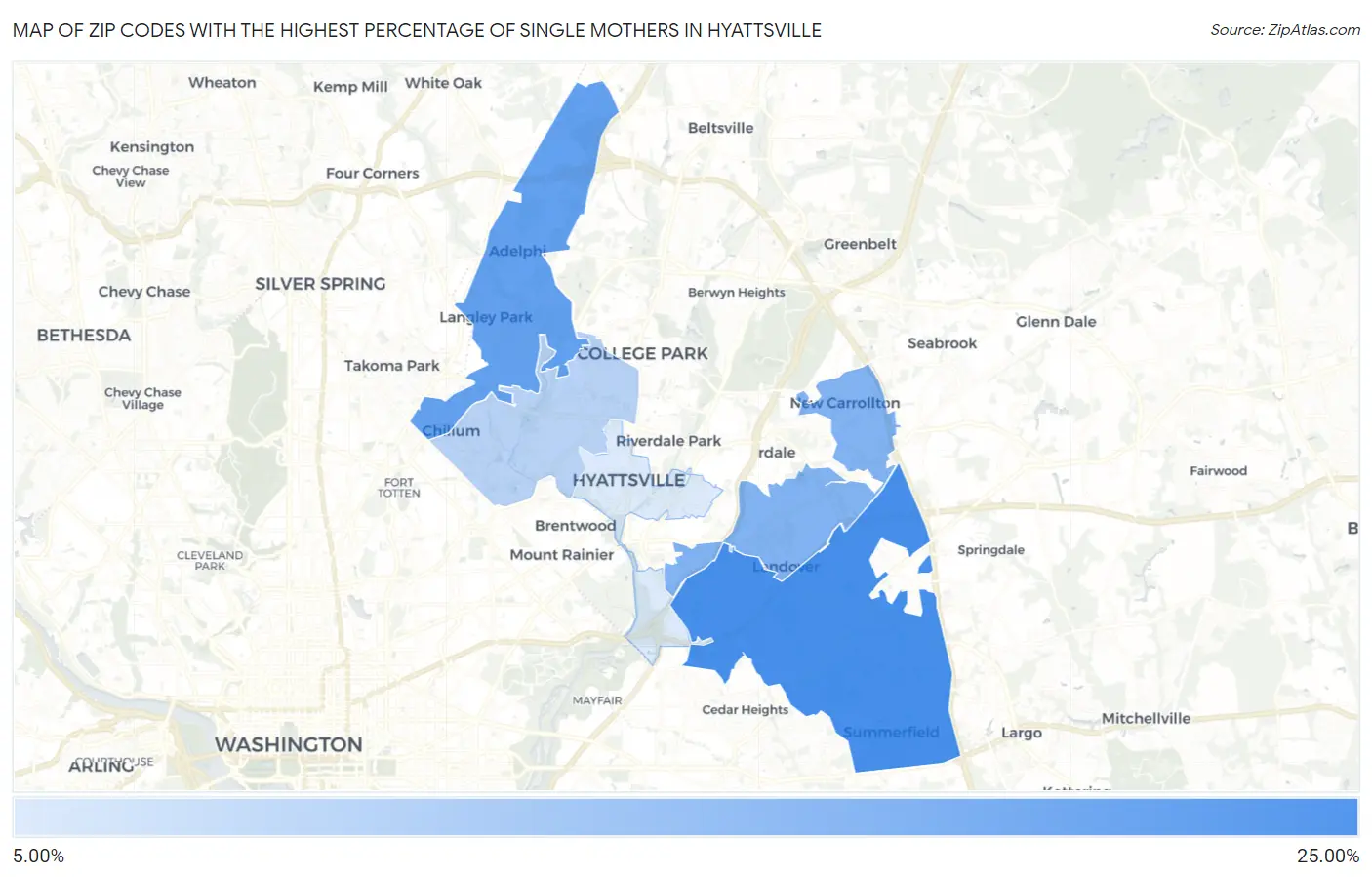 Zip Codes with the Highest Percentage of Single Mothers in Hyattsville Map