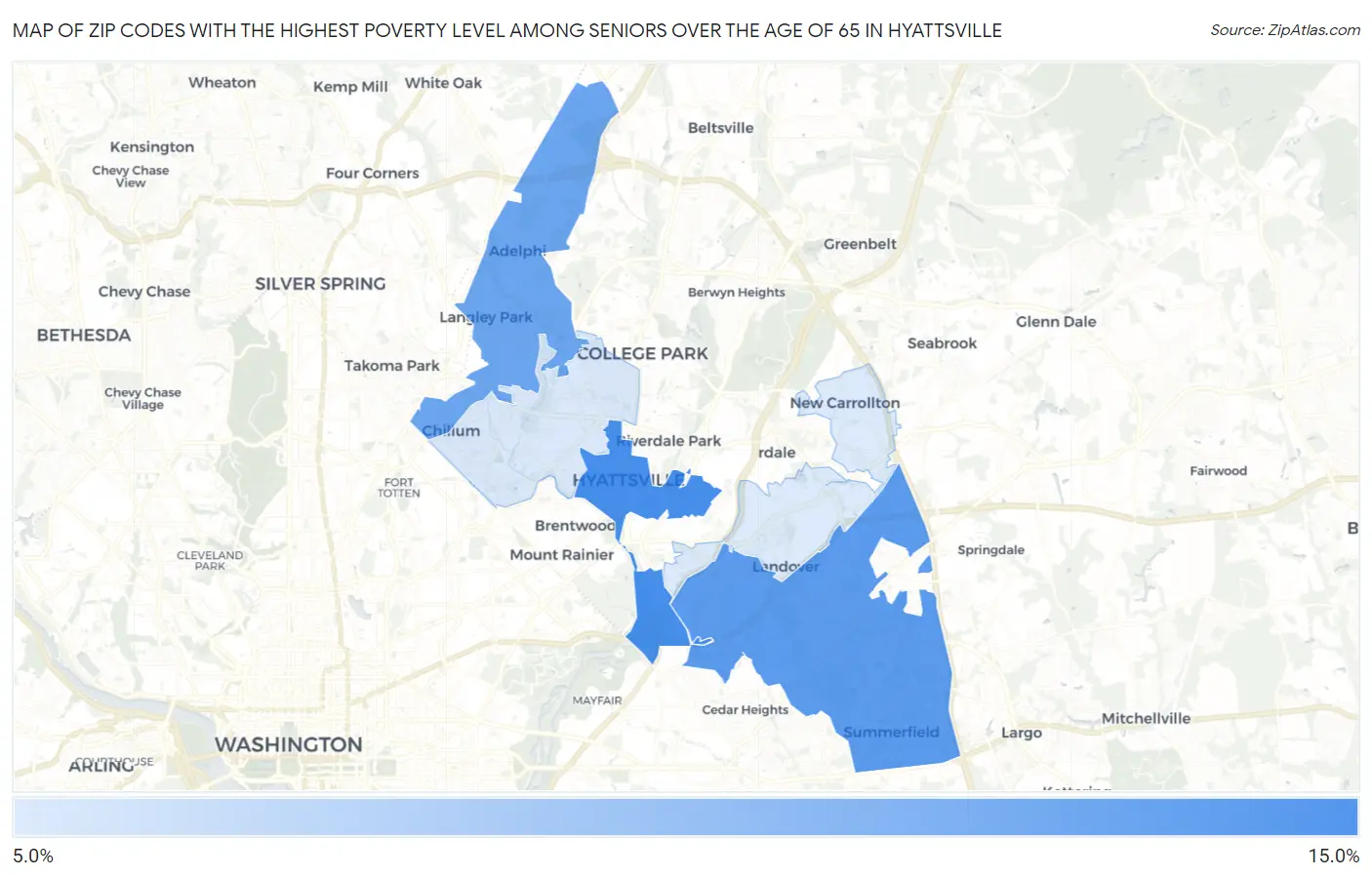 Zip Codes with the Highest Poverty Level Among Seniors Over the Age of 65 in Hyattsville Map