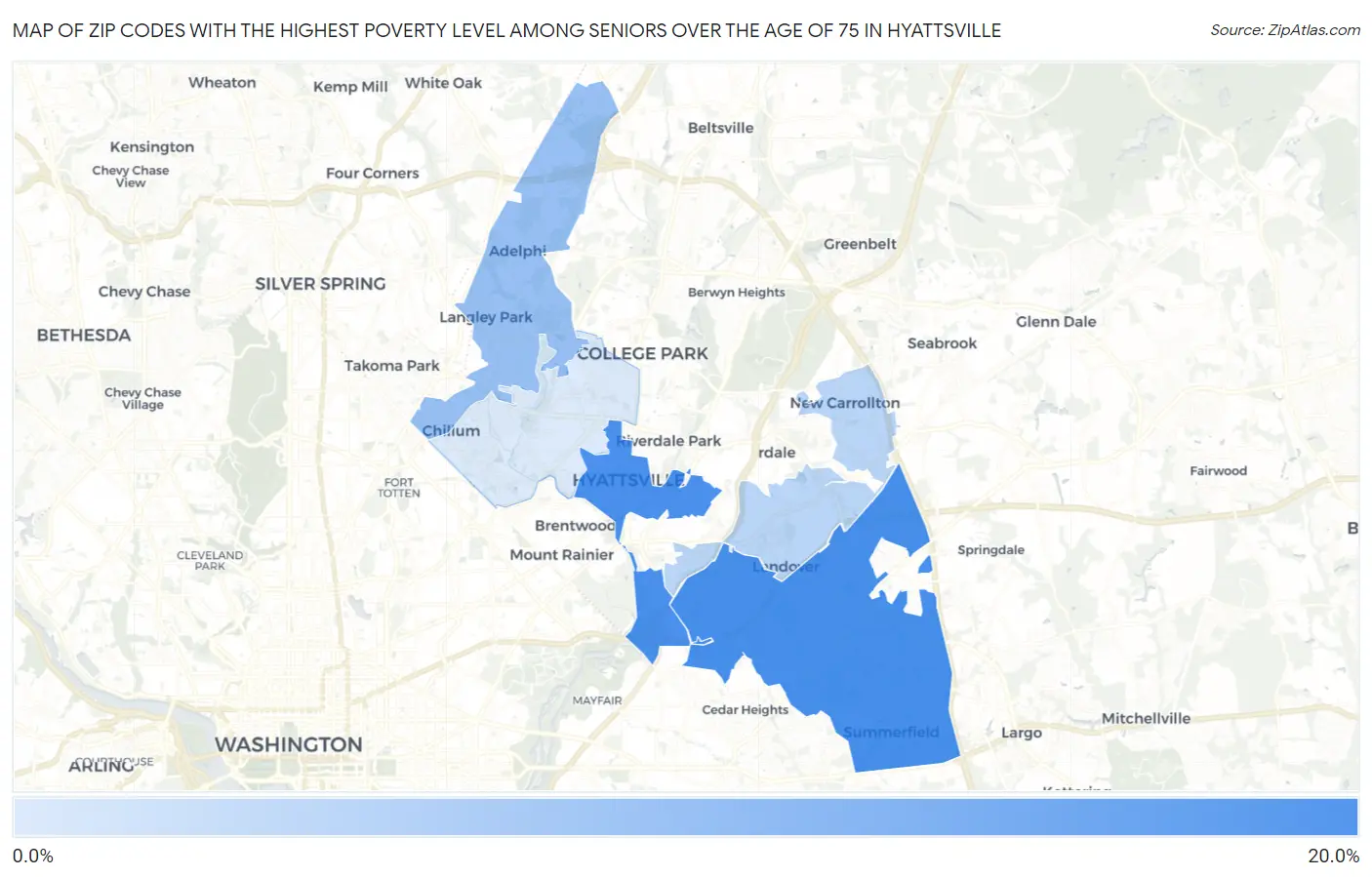 Zip Codes with the Highest Poverty Level Among Seniors Over the Age of 75 in Hyattsville Map