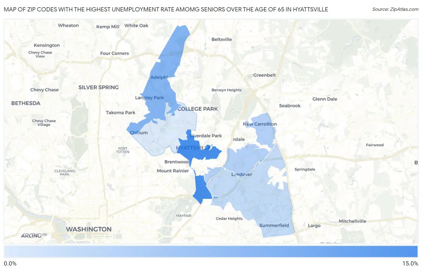 Zip Codes with the Highest Unemployment Rate Amomg Seniors Over the Age of 65 in Hyattsville Map