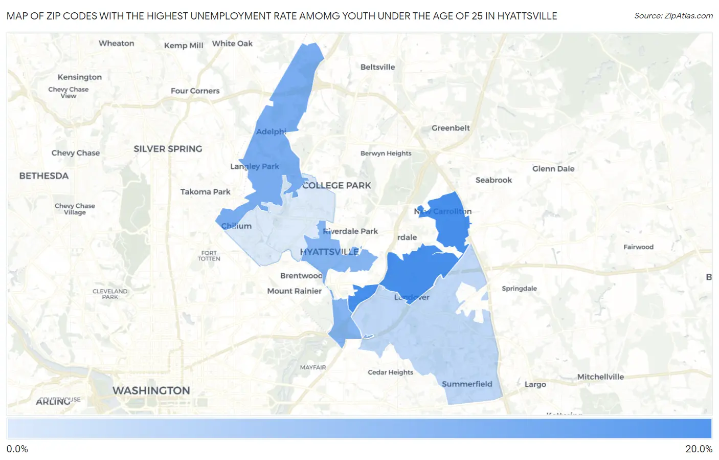 Zip Codes with the Highest Unemployment Rate Amomg Youth Under the Age of 25 in Hyattsville Map