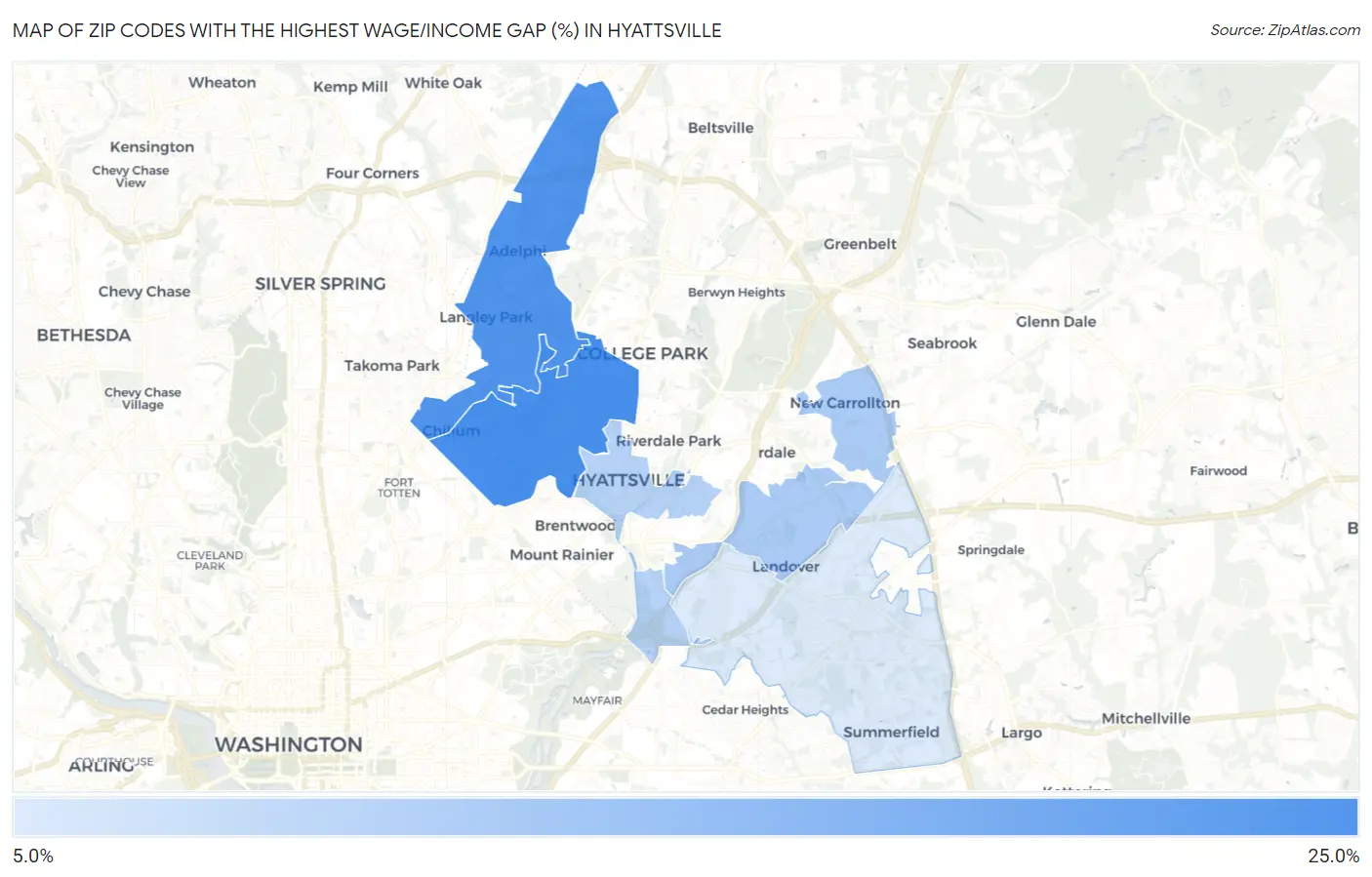 Zip Codes with the Highest Wage/Income Gap (%) in Hyattsville Map