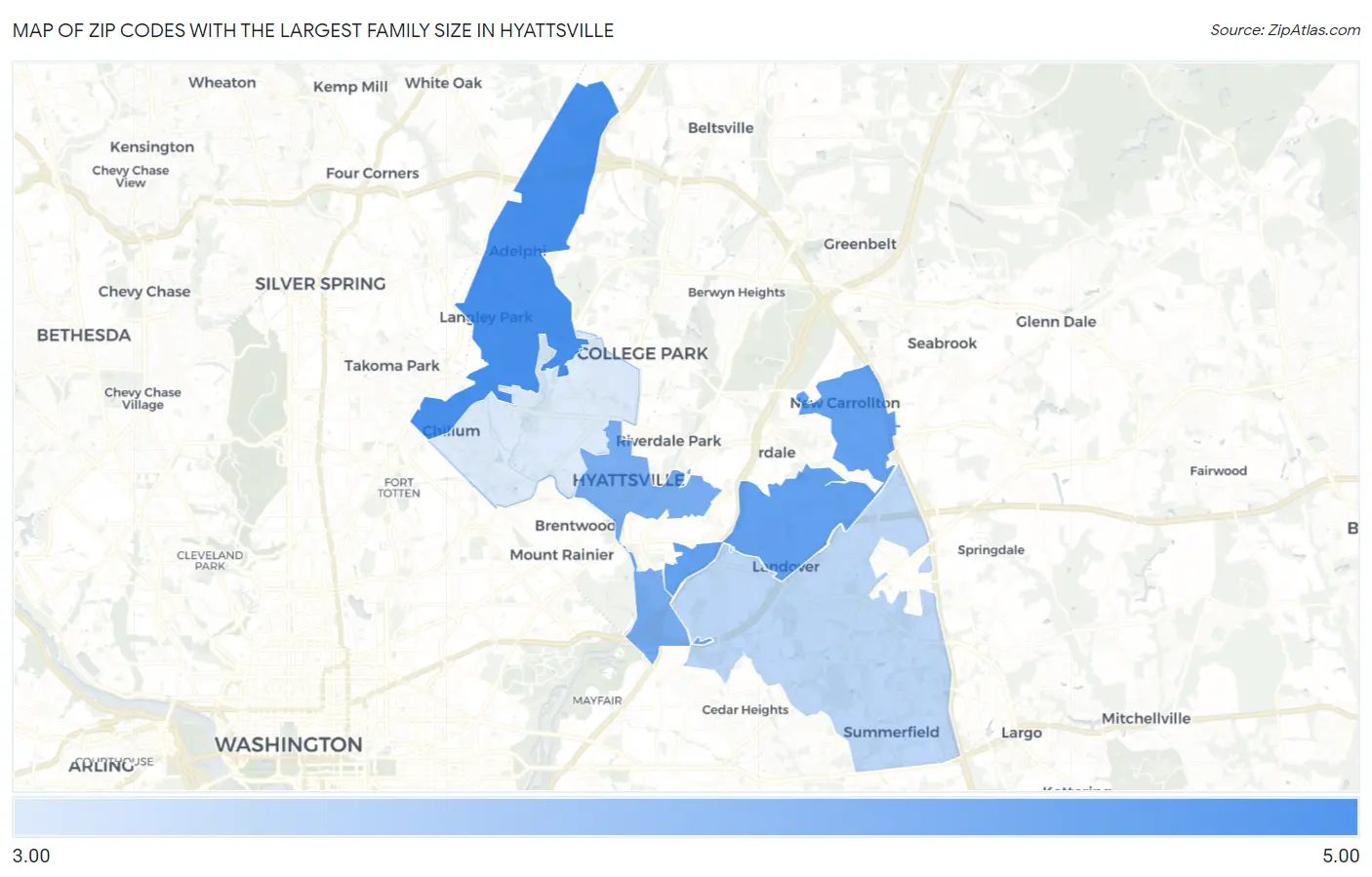 Zip Codes with the Largest Family Size in Hyattsville Map