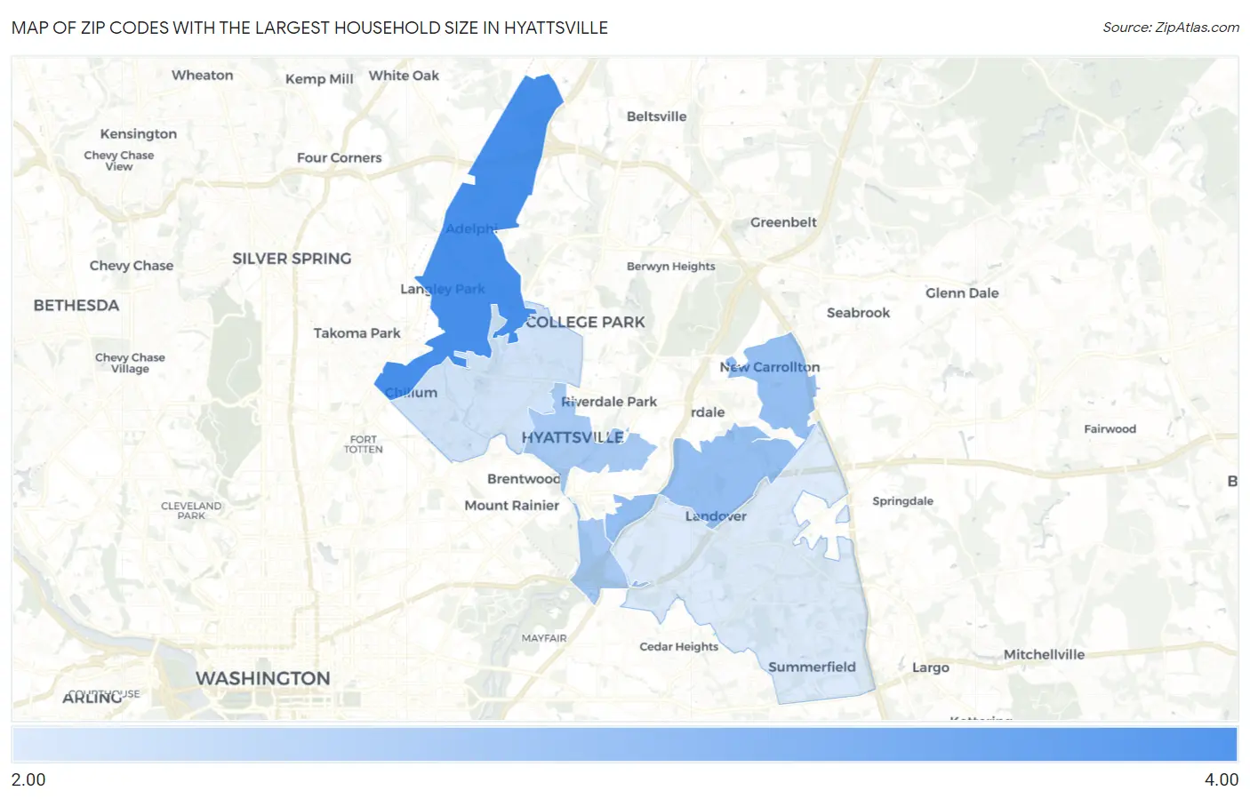 Zip Codes with the Largest Household Size in Hyattsville Map
