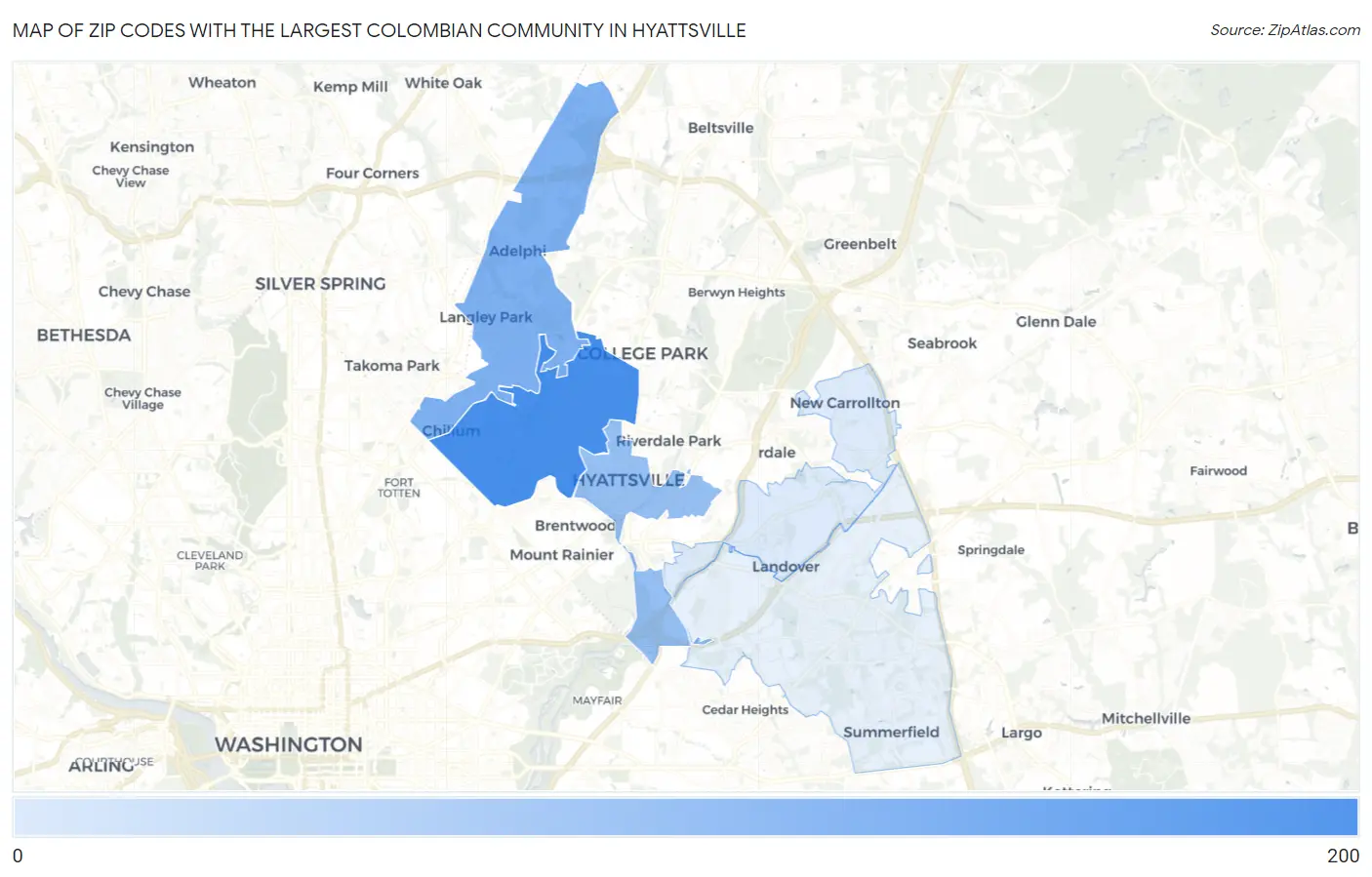 Zip Codes with the Largest Colombian Community in Hyattsville Map