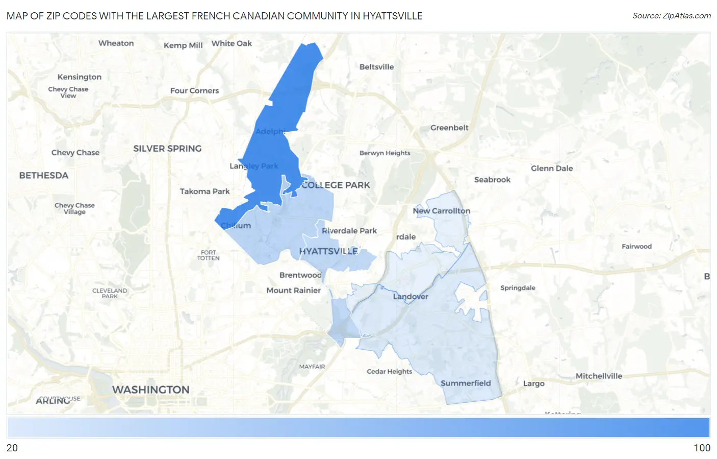 Zip Codes with the Largest French Canadian Community in Hyattsville Map