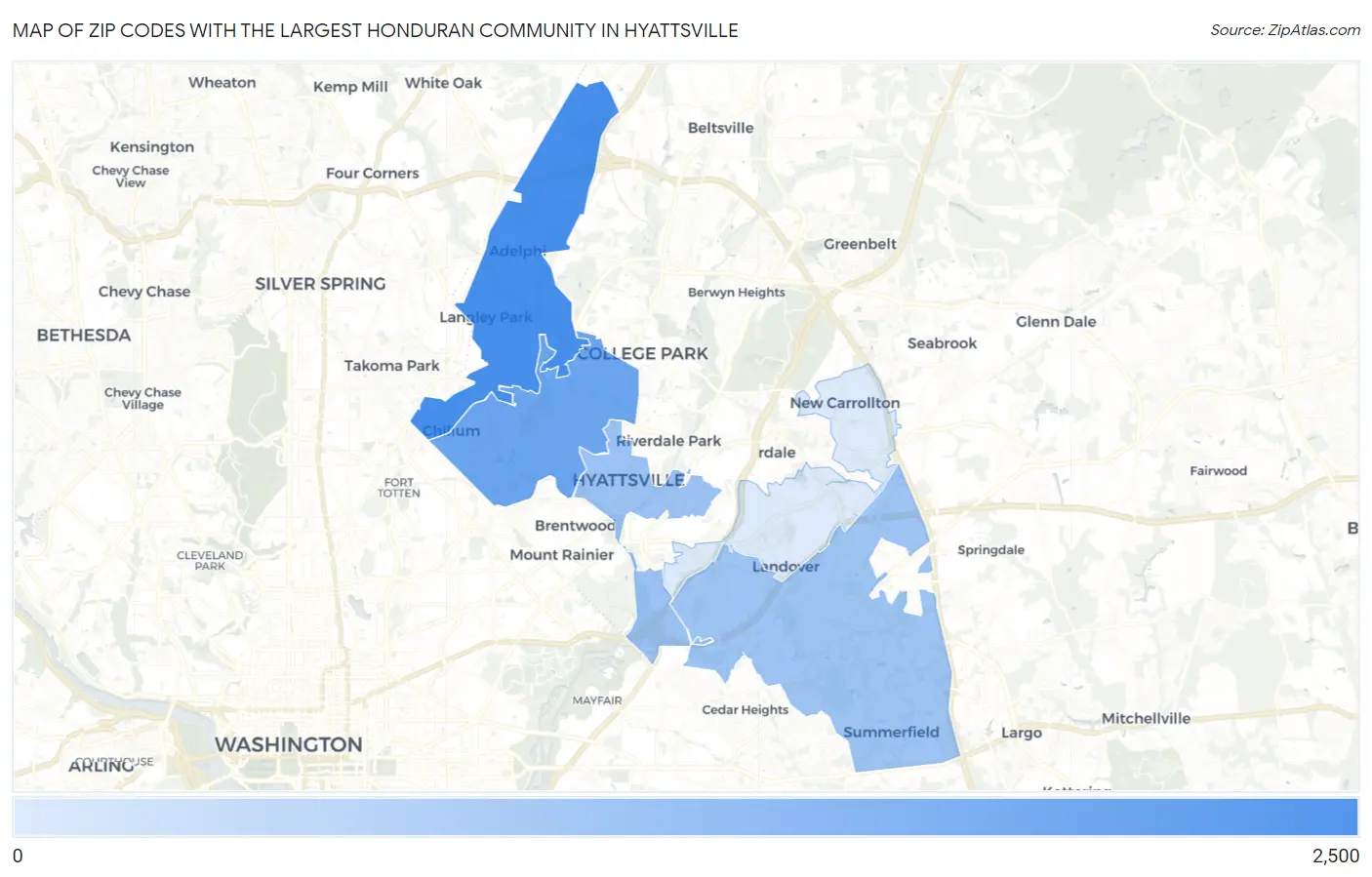 Zip Codes with the Largest Honduran Community in Hyattsville Map