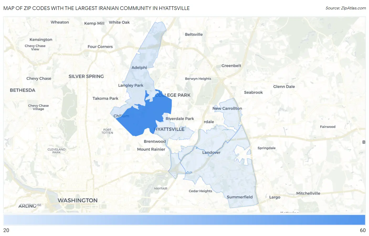 Zip Codes with the Largest Iranian Community in Hyattsville Map