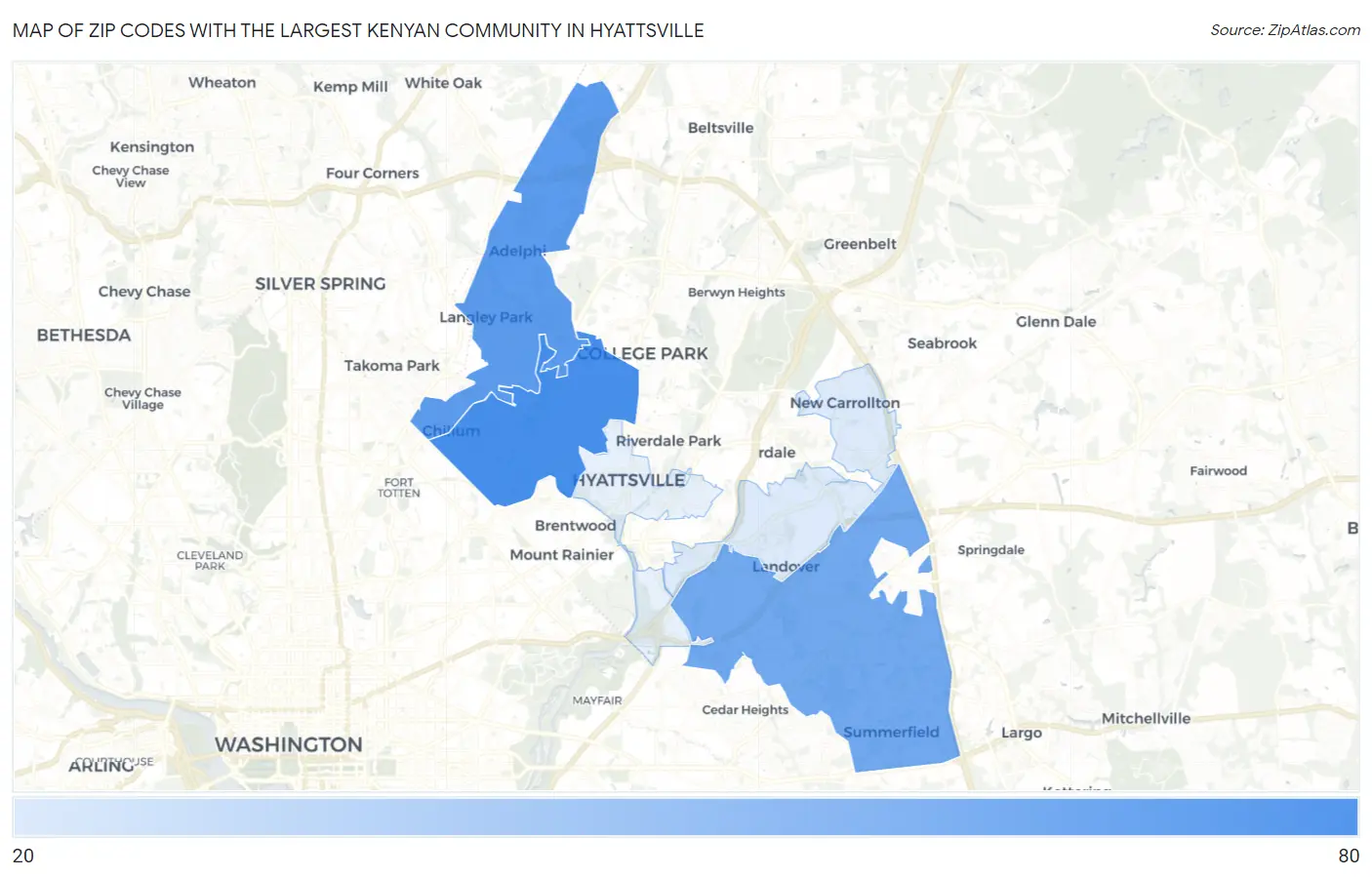 Zip Codes with the Largest Kenyan Community in Hyattsville Map
