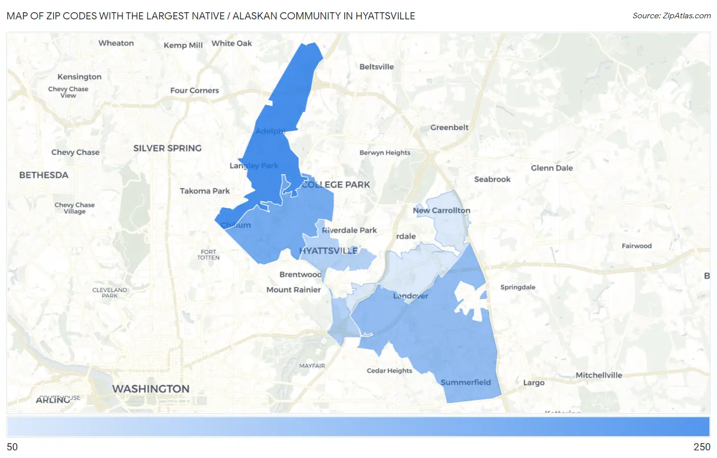 Zip Codes with the Largest Native / Alaskan Community in Hyattsville Map
