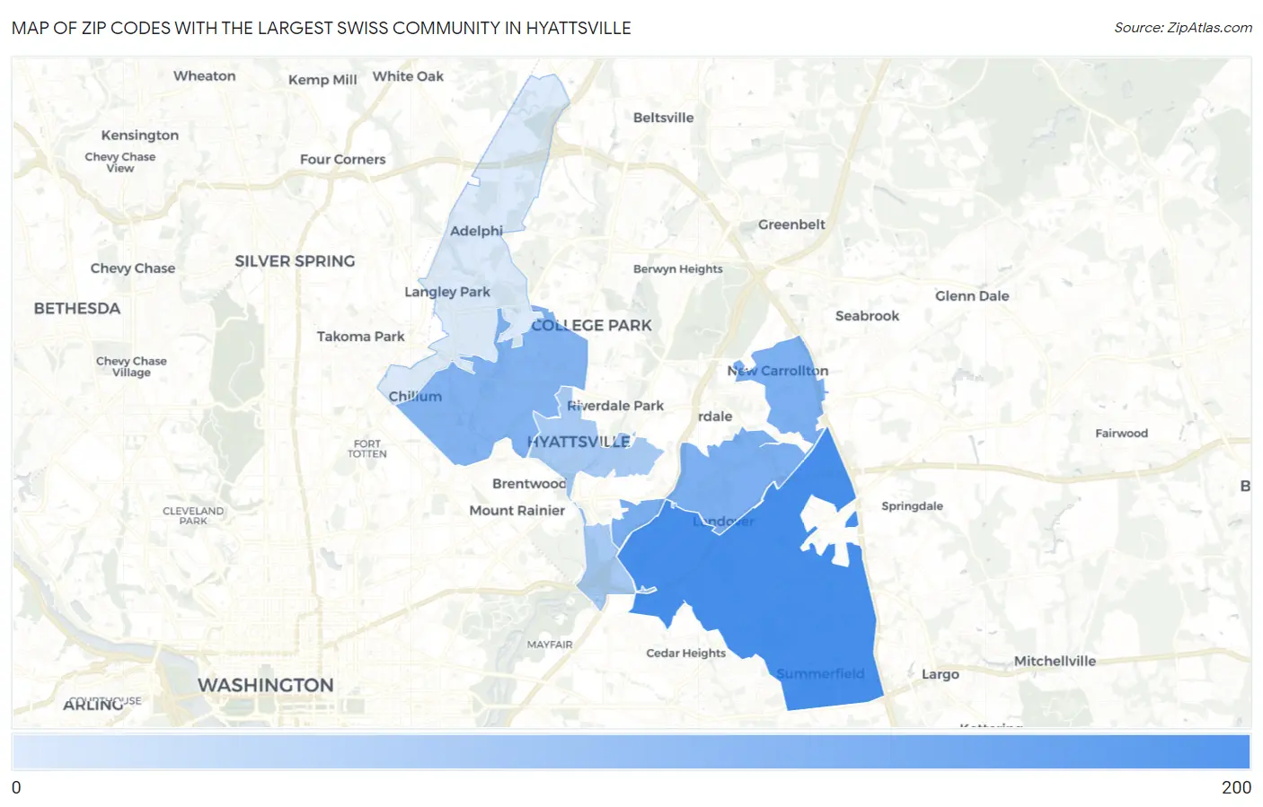 Zip Codes with the Largest Swiss Community in Hyattsville Map