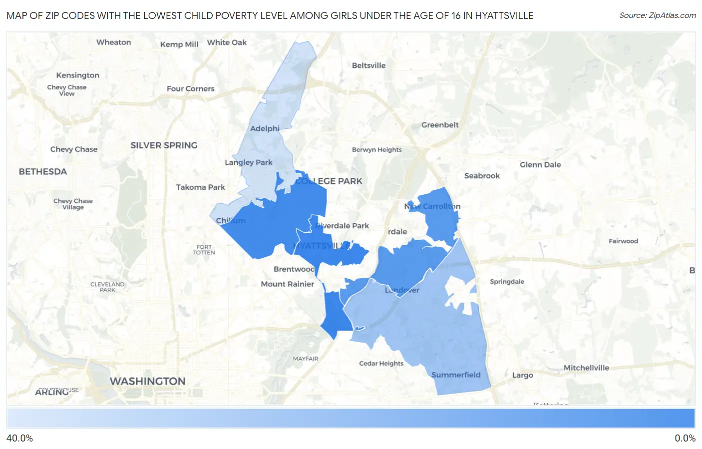 Zip Codes with the Lowest Child Poverty Level Among Girls Under the Age of 16 in Hyattsville Map