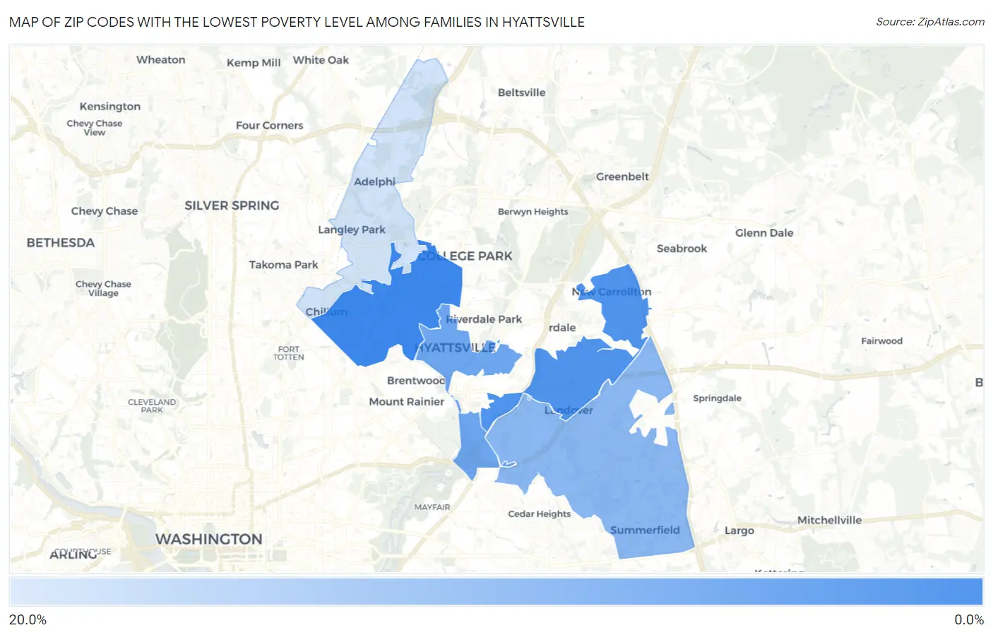 Zip Codes with the Lowest Poverty Level Among Families in Hyattsville Map