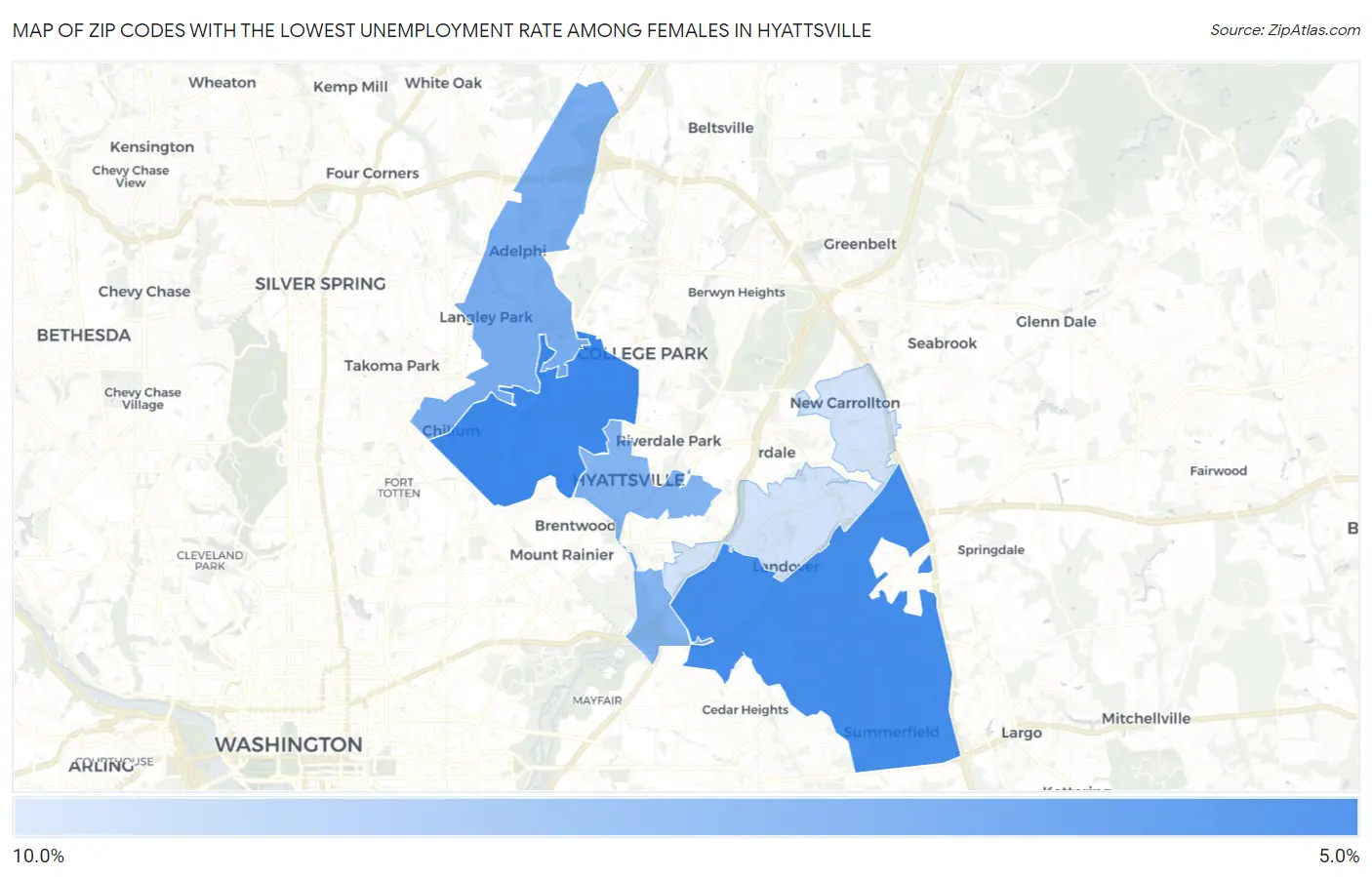 Zip Codes with the Lowest Unemployment Rate Among Females in Hyattsville Map