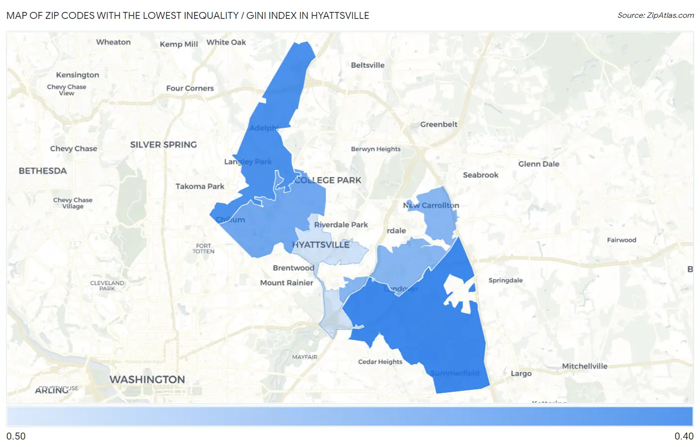 Zip Codes with the Lowest Inequality / Gini Index in Hyattsville Map