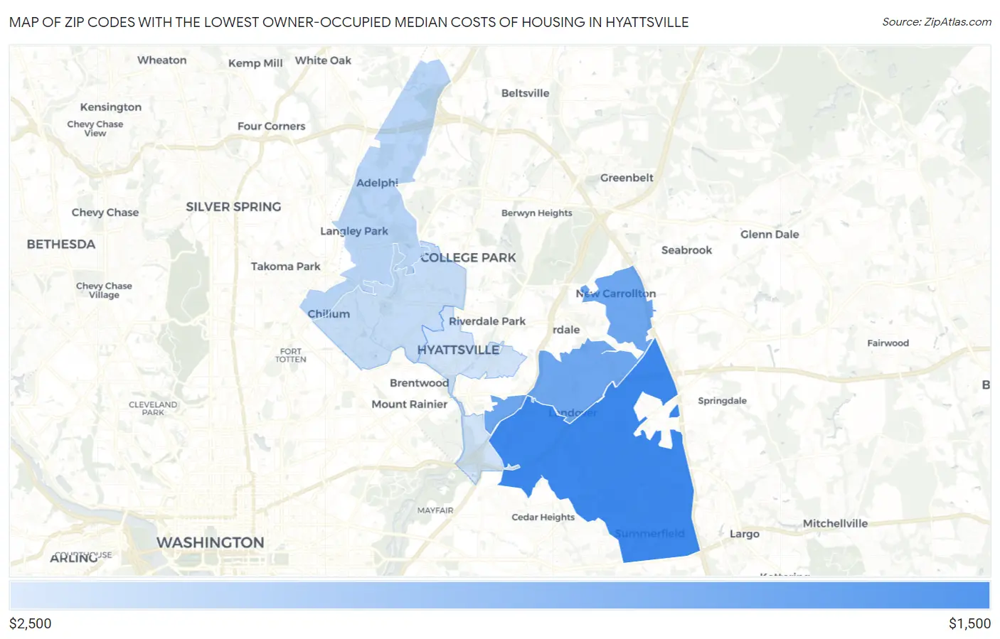 Zip Codes with the Lowest Owner-Occupied Median Costs of Housing in Hyattsville Map