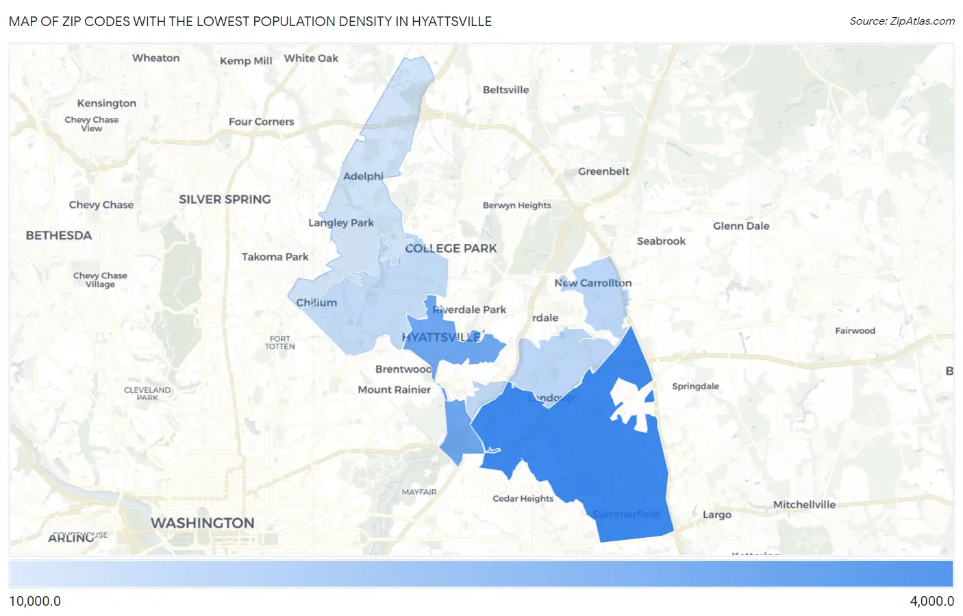 Zip Codes with the Lowest Population Density in Hyattsville Map