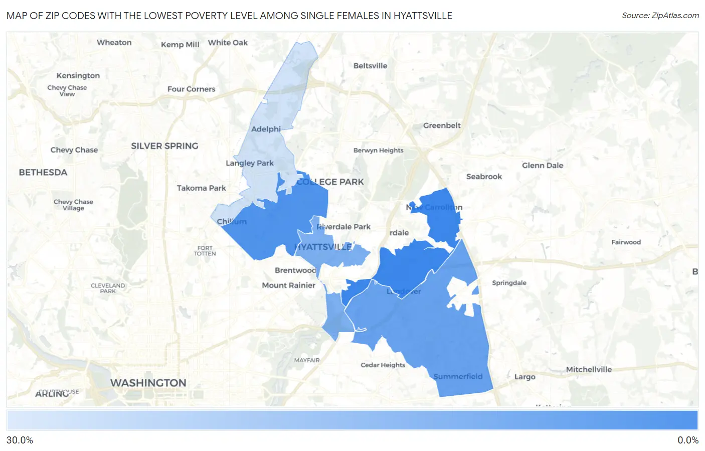 Zip Codes with the Lowest Poverty Level Among Single Females in Hyattsville Map