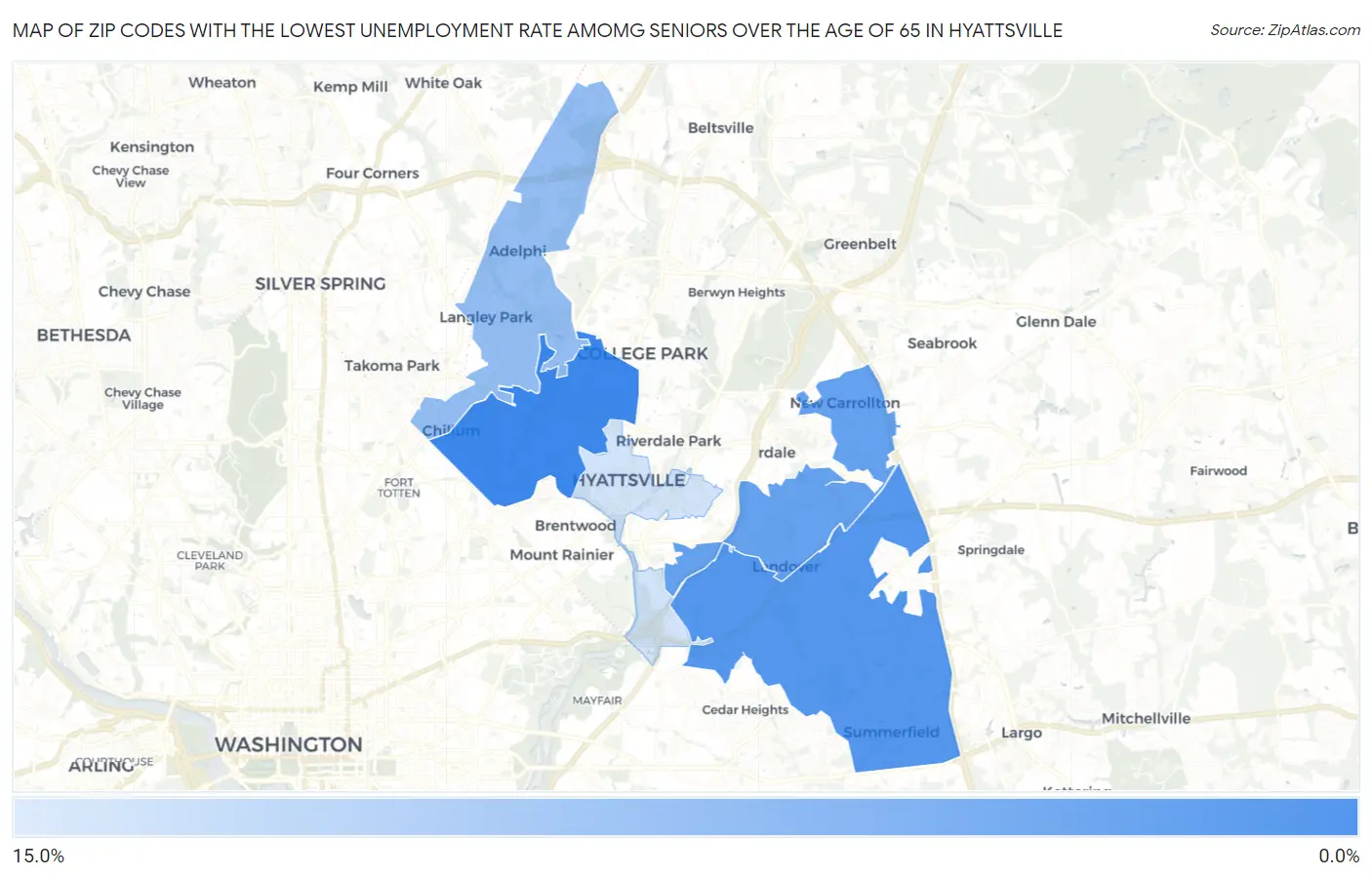 Zip Codes with the Lowest Unemployment Rate Amomg Seniors Over the Age of 65 in Hyattsville Map