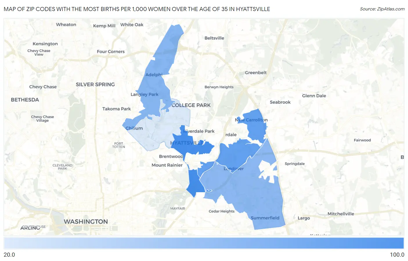 Zip Codes with the Most Births per 1,000 Women Over the Age of 35 in Hyattsville Map