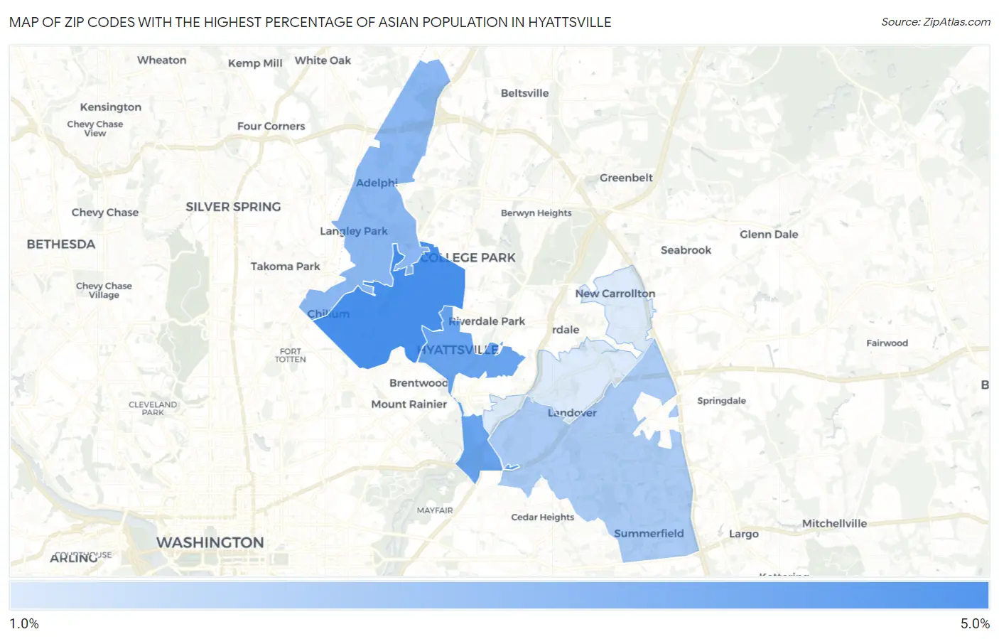 Zip Codes with the Highest Percentage of Asian Population in Hyattsville Map