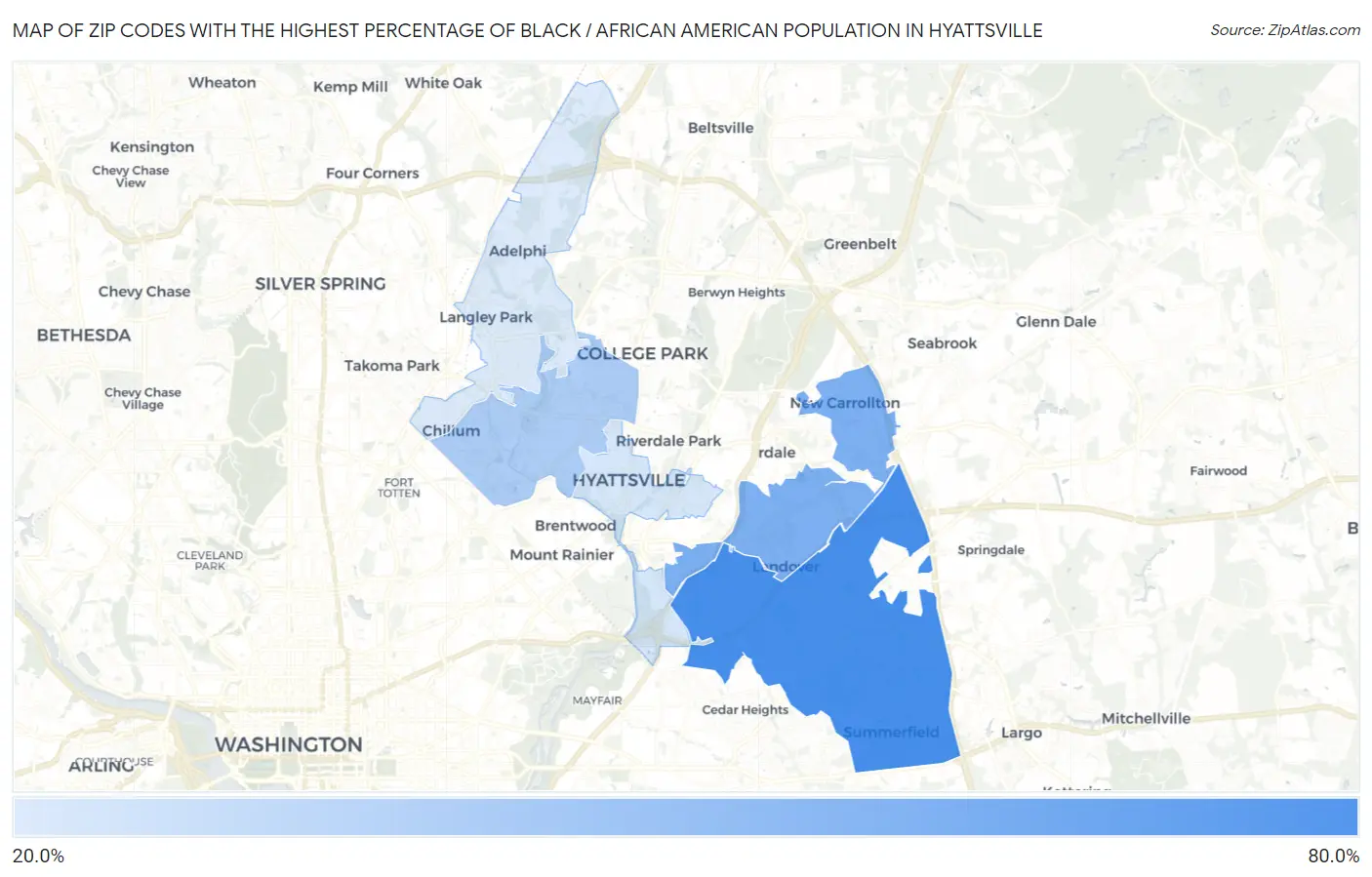 Zip Codes with the Highest Percentage of Black / African American Population in Hyattsville Map
