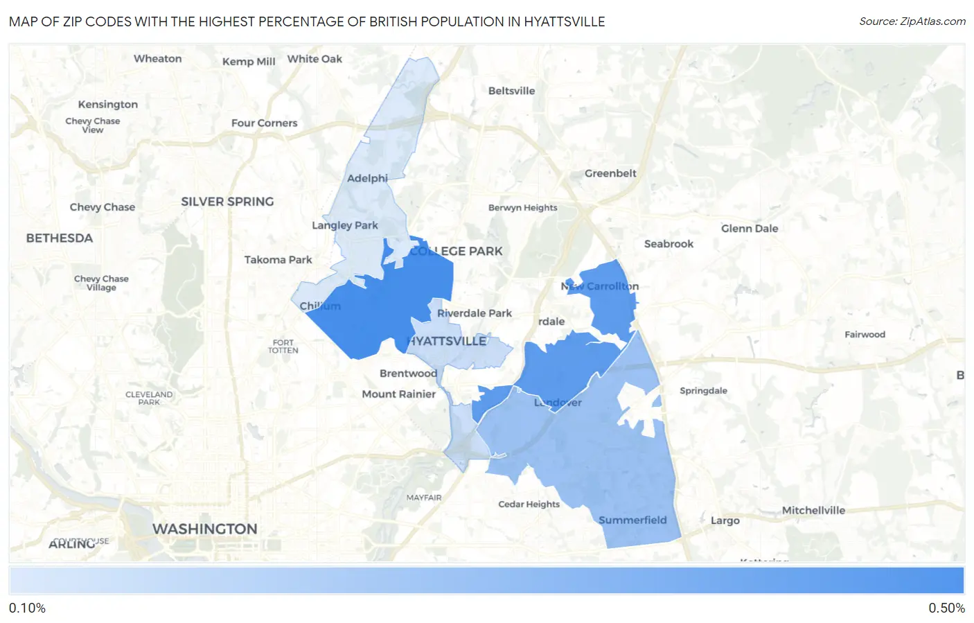 Zip Codes with the Highest Percentage of British Population in Hyattsville Map