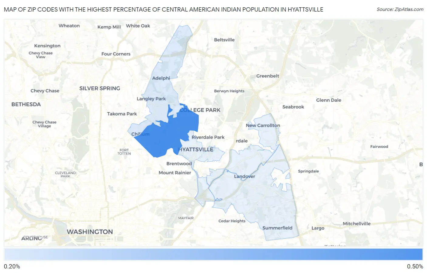 Zip Codes with the Highest Percentage of Central American Indian Population in Hyattsville Map