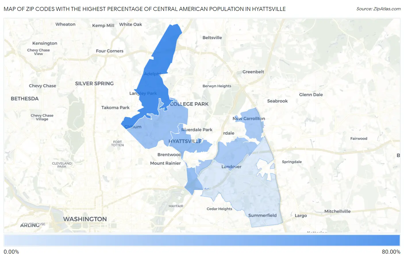 Zip Codes with the Highest Percentage of Central American Population in Hyattsville Map