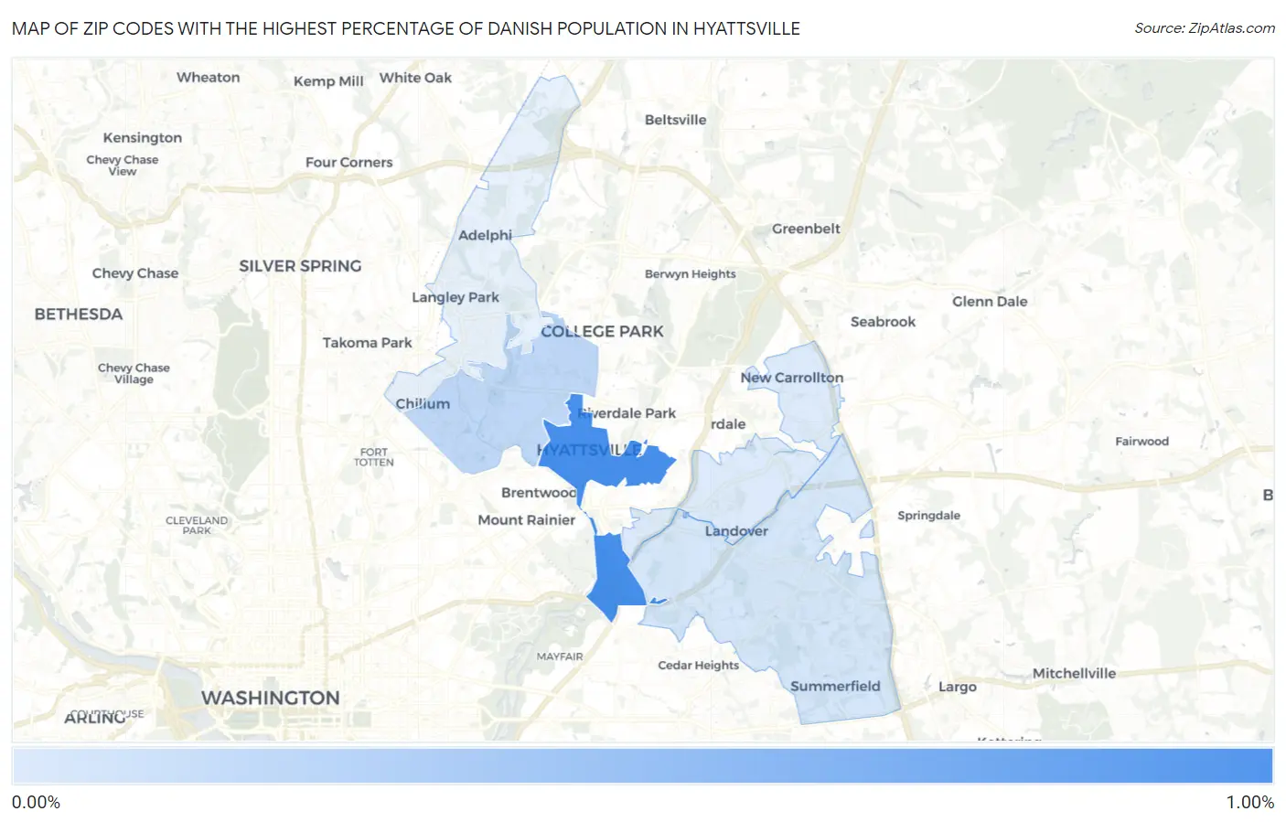 Zip Codes with the Highest Percentage of Danish Population in Hyattsville Map