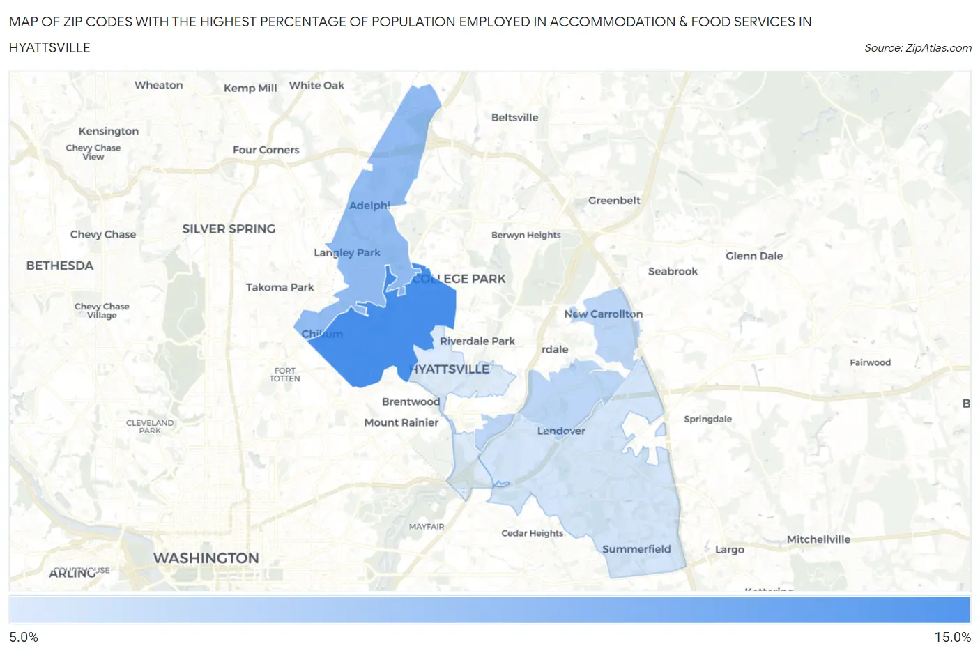 Zip Codes with the Highest Percentage of Population Employed in Accommodation & Food Services in Hyattsville Map