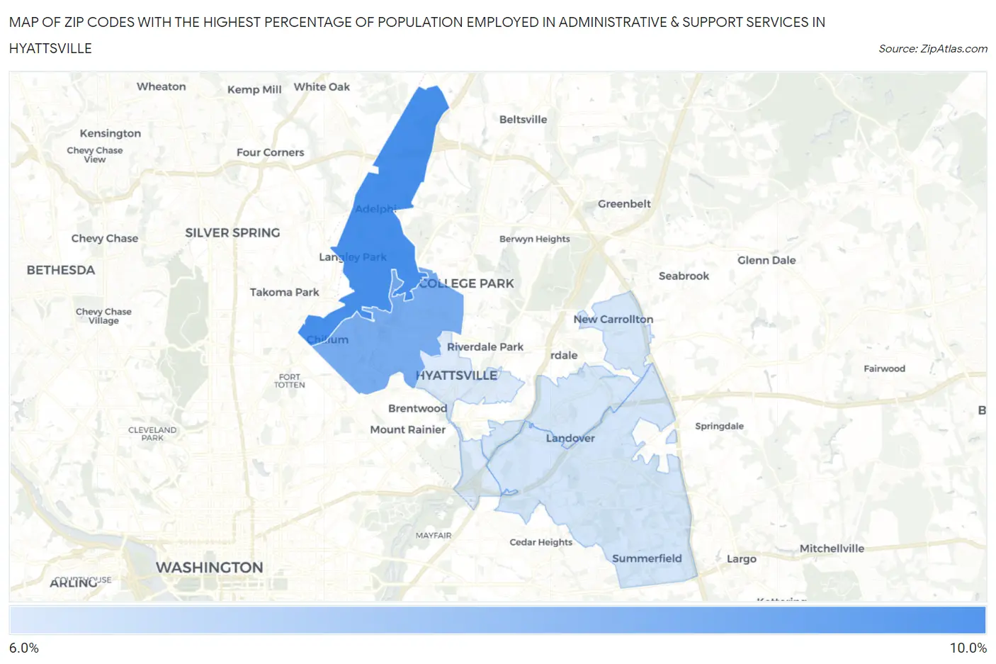 Zip Codes with the Highest Percentage of Population Employed in Administrative & Support Services in Hyattsville Map