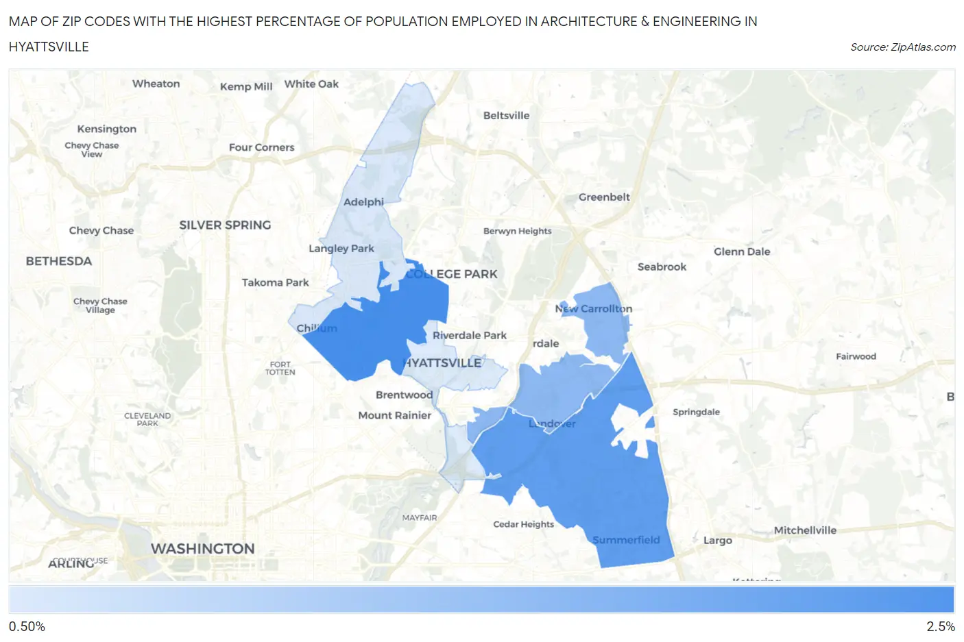 Zip Codes with the Highest Percentage of Population Employed in Architecture & Engineering in Hyattsville Map